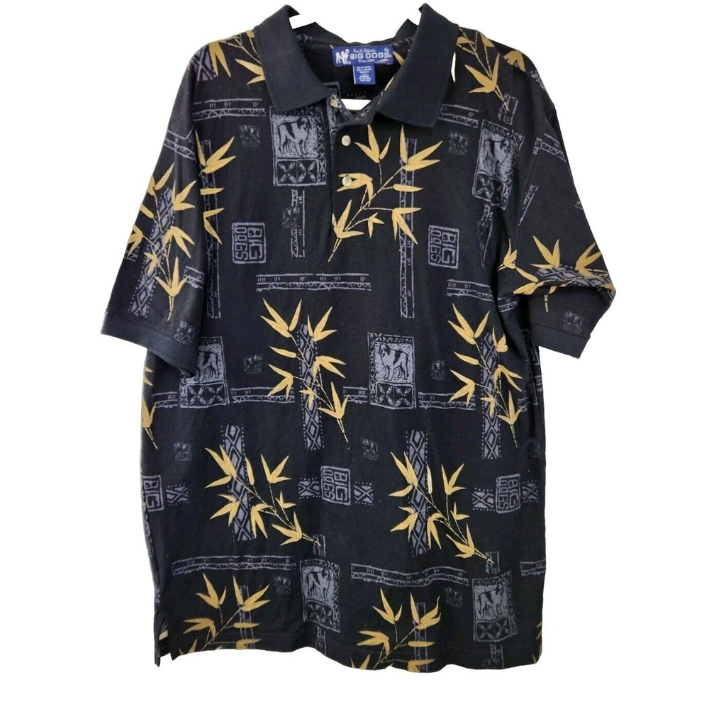 Vintage Big Dogs Hawaiian Polo Shirt Mens Large Multicolor Floral Short Sleeve